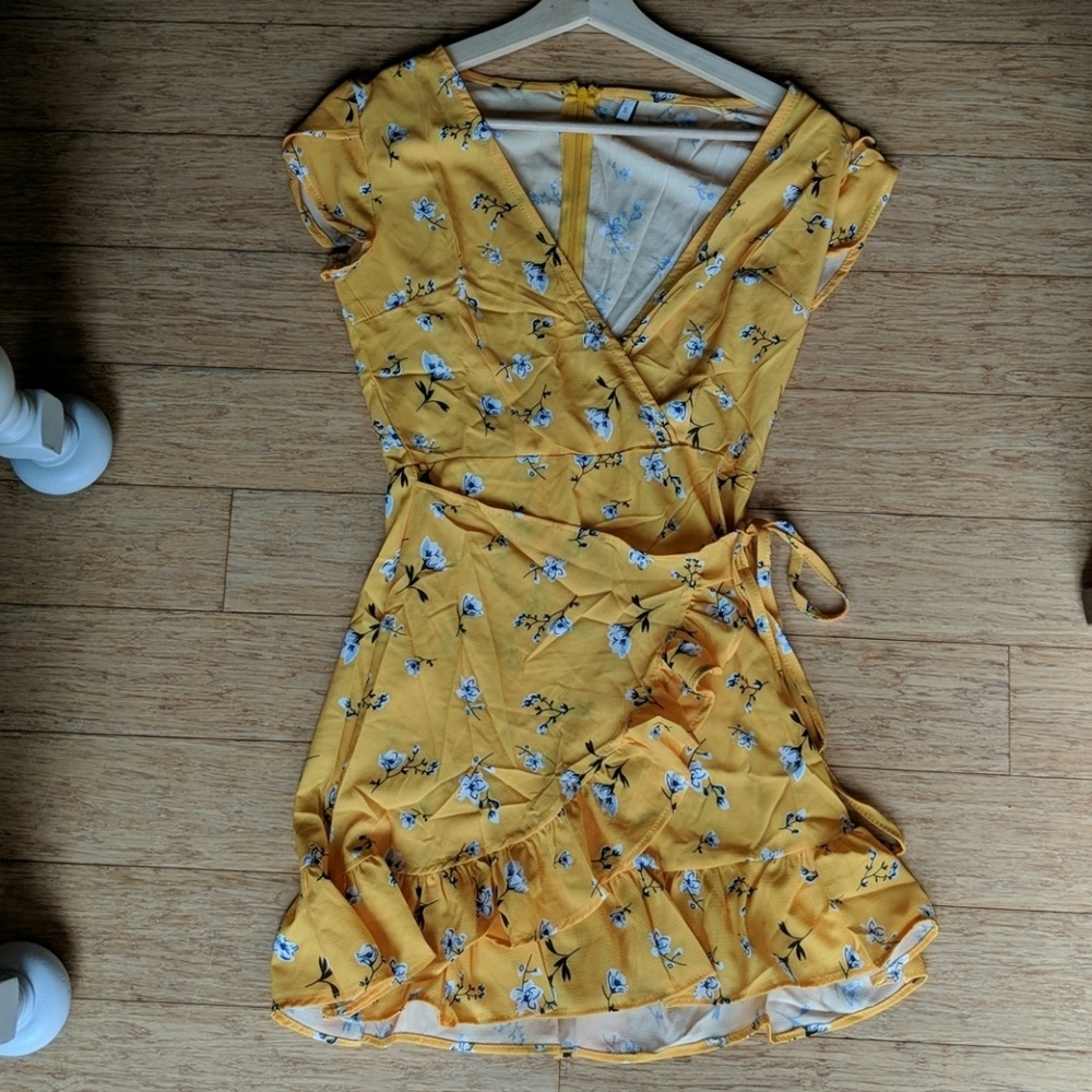 Yellow wrap floral dress